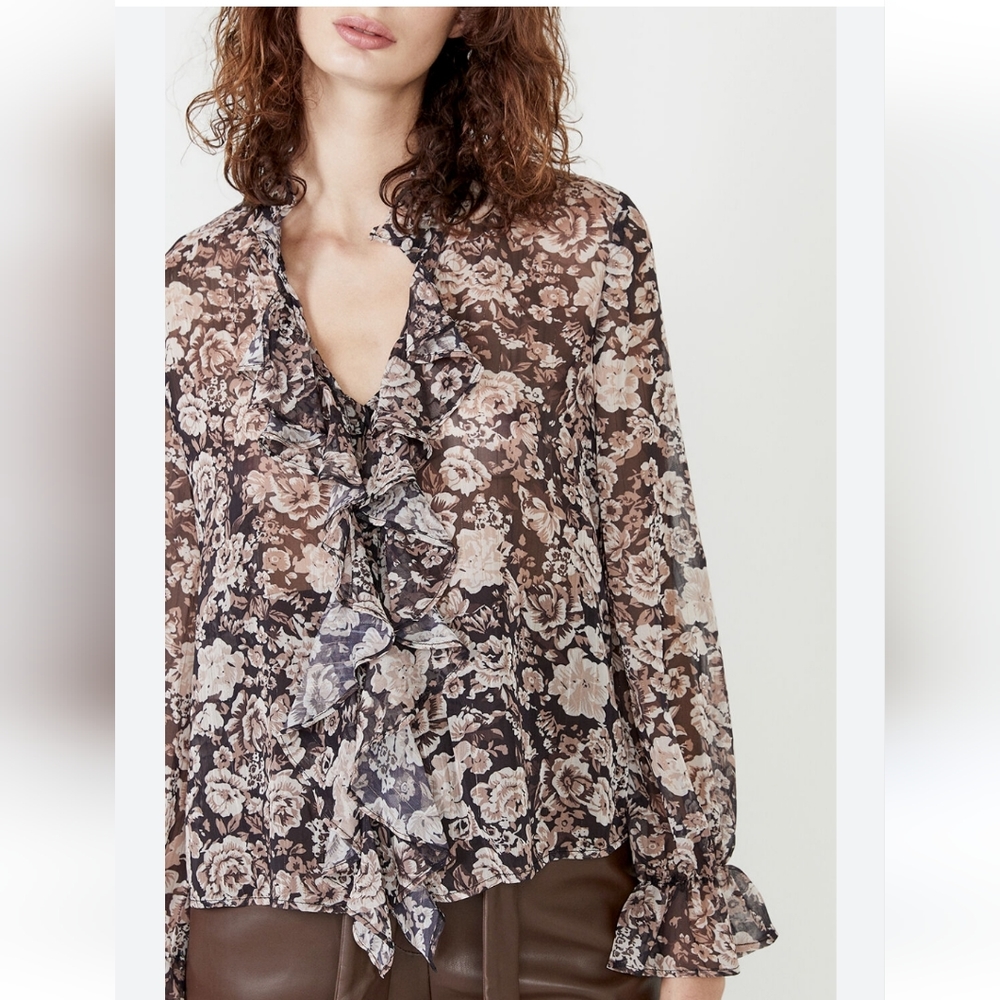 BARDOT Sz M WINONA Semi-Sheer Black Brown Floral Ruffle Accent Button LS Blouse